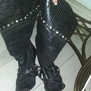 Black Leather High Cowboy Boots